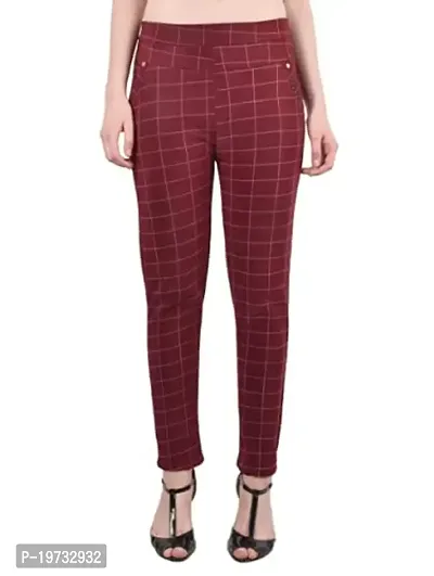 THE ELEGANT FASHION Girls Trouser/Check Pant for Women/Ladies Spandex Regular Slim Pattern Pant/Trouser/Fit Casual Stretchable Ankel Length Jegging Office Pant for Girls- Free Size (White_Maroon), L-thumb4