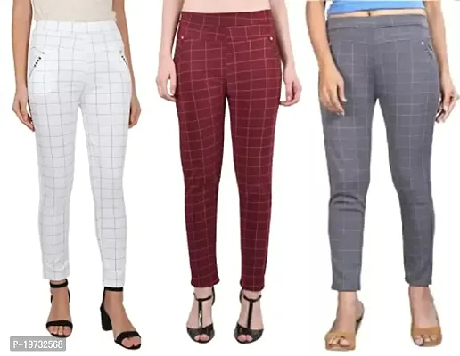 THE ELEGANT FASHION Women's Regular Fit Checks Stretchable Trouser Pants Girls Ankle Length Stylish Lycra Checked Printed Jeggings/Pant Regular Fit Track Pants, Free Size (White_Maroon_Grey)-thumb0