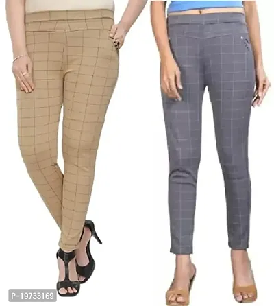 THE ELEGANT FASHION Girls Trouser/Check Pant for Women/Ladies Spandex Regular Slim Pattern Pant/Trouser/Fit Casual Stretchable Ankel Length Jegging Office Pant for Girls- Free Size (Skin_Grey)-thumb0
