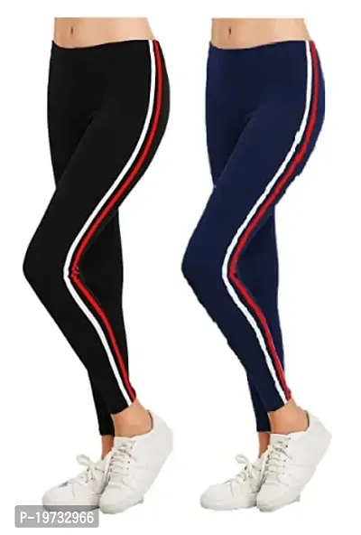 THE ELEGANT FASHION Ankle Length Leggings Free Size Workout Trousers| Stretchable Striped Jeggings Women's Poly Spandex Slim Fit Solid Pant for Yoga,Comfortable Leggings (Black -Navy Blue)
