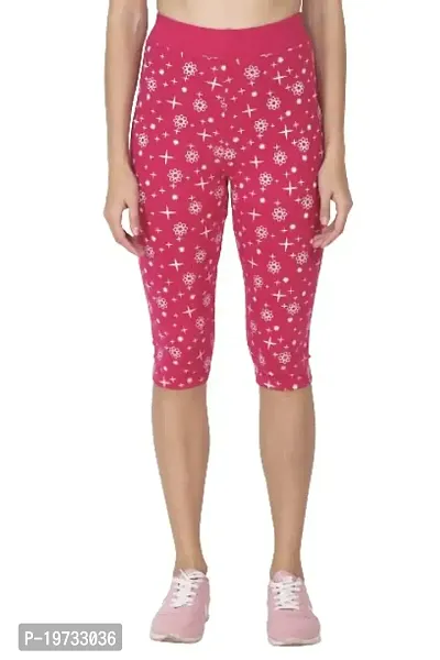 THE ELEGANT FASHION Women's Calf Length Printed Capri Cropped Leggings Cotton Lycra Fabric Slim Fit 3/4th | Pants (Free Size, Pink)-thumb0