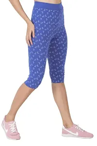 THE ELEGANT FASHION Women's Calf Length Printed Capri Cropped Leggings Cotton Lycra Fabric Slim Fit 3/4th | Pants (Free Size, Royal Blue)-thumb2