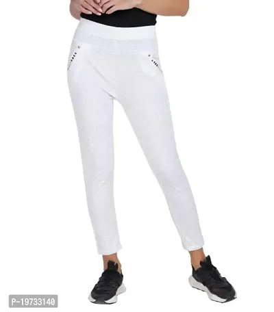 THE ELEGANT FASHION Stretchable Trouser Pants High Waist Ankle Length Stylish Lycra Track Pant Women's Dotted Trouser (Free Size) White