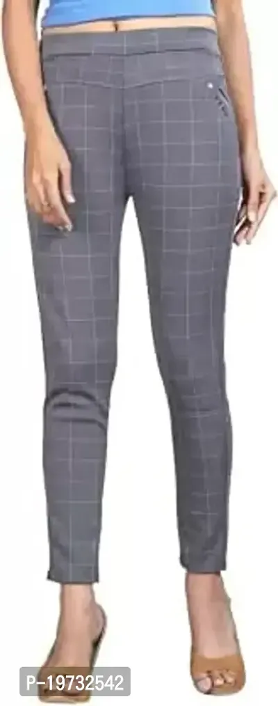 THE ELEGANT FASHION Women's Regular Fit Checks Stretchable Trouser Pants High Waist Ankle Length Stylish Lycra Checked Printed Jeggings/Pant Regular Fit Trackpants (Free Size) (Grey)