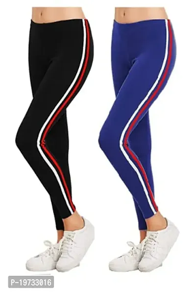 THE ELEGANT FASHION Ankle Length Leggings Free Size Workout Trousers| Stretchable Striped Jeggings| Women's Poly Spandex Slim Fit Solid Pant for Yoga,Comfortable Leggings (Black -Royale Bule)
