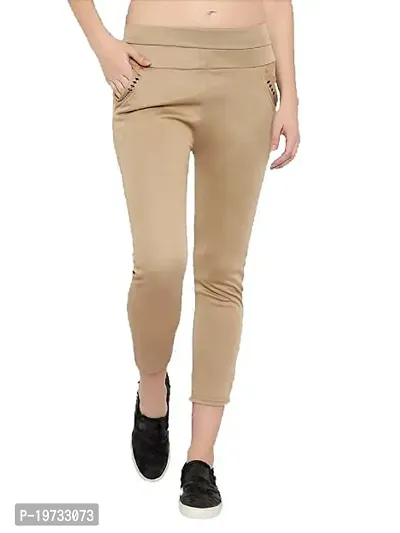 THE ELEGANT FASHION Stretchable Trouser Pants High Waist Ankle Length Stylish Lycra Track Pant Women's Chino Plane Pants(Free Size) (Beige)