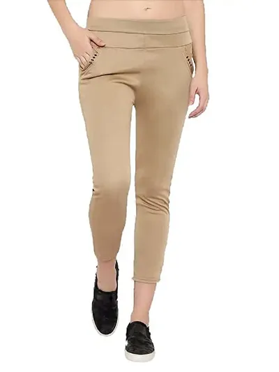 THE ELEGANT FASHION Stretchable Trouser Pants High Waist Ankle Length Stylish Lycra Track Pant Women's Chino Plane Pants(Free Size) (Beige)