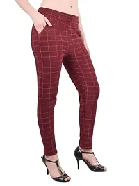 THE ELEGANT FASHION Girls Trouser/Check Pant for Women/Ladies Spandex Regular Slim Pattern Pant/Trouser/Fit Casual Stretchable Ankel Length Jegging Office Pant for Girls- Free Size (White_Maroon), L-thumb4