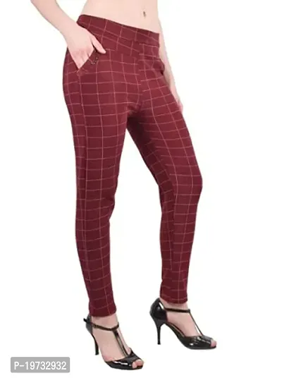 THE ELEGANT FASHION Girls Trouser/Check Pant for Women/Ladies Spandex Regular Slim Pattern Pant/Trouser/Fit Casual Stretchable Ankel Length Jegging Office Pant for Girls- Free Size (White_Maroon), L-thumb5