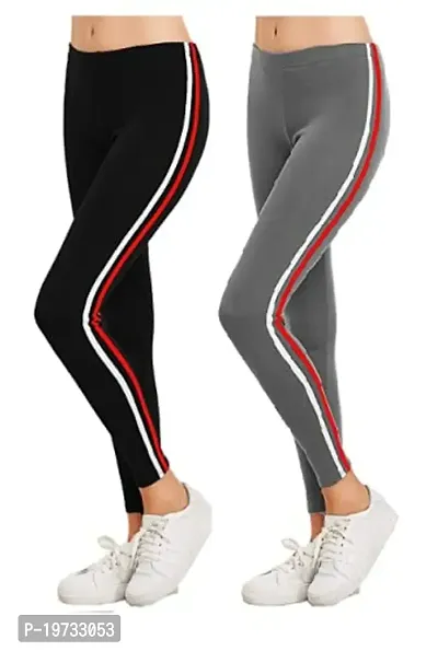 THE ELEGANT FASHION Ankle Length Leggings Free Size Workout Trousers| Stretchable Striped Jeggings Women's Poly Spandex Slim Fit Solid Pant for Yoga,Comfortable Leggings (Black-Grey)