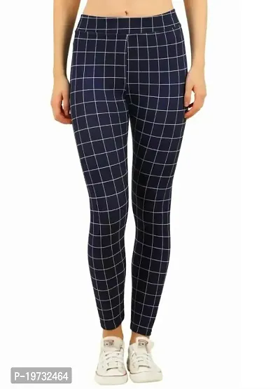 THE ELEGANT FASHION Women's Regular Fit Checks Stretchable Trouser Pants Ankle Length Stylish Lycra Checked Printed Jeggings/Pant Regular Fit Trackpants Checks Pattern for Women and Girls (Blue)