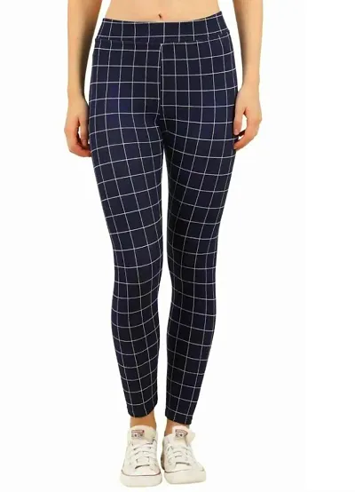 THE ELEGANT FASHION Women's Regular Fit Checks Stretchable Trouser Pants Ankle Length Stylish Lycra Checked Jeggings/Pant Regular Fit Trackpants Checks Pattern for Women and Girls (Blue)