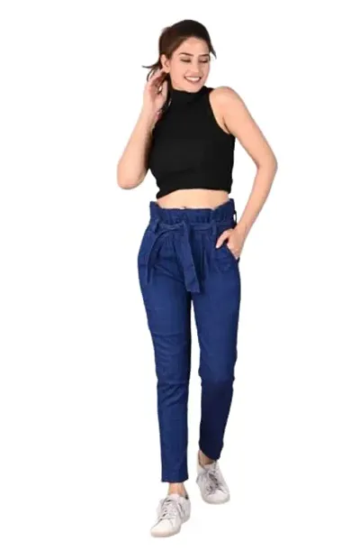 THE ELEGANT FASHION Women's Boyfriend Fit Jogger Style Denim Jeans, Free Size (Dark Blue)