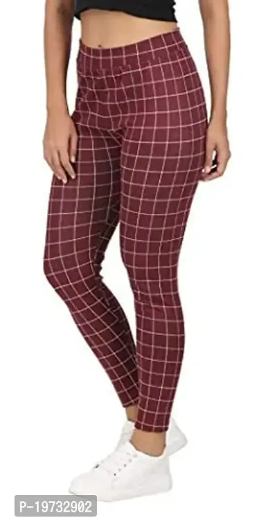 THE ELEGANT FASHION Women's Regular Fit Checks Stretchable Trouser Pants Ankle Length Stylish Lycra Checked Printed Jeggings/Pant Regular Fit Trackpants Checks Pattern for Women and Girls (Maroon)