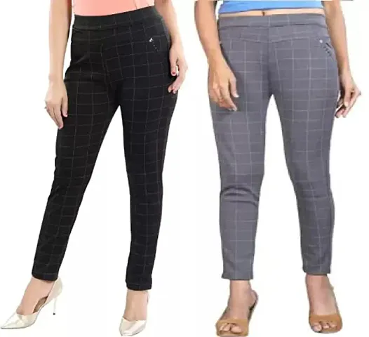 THE ELEGANT FASHION Women/Girls Trouser/Check Pant for Ladies Spandex Check Pattern Pant/Trouser/Fit Casual Stretchable Ankel Length Slim Fit Jegging for Girls- Free Size (Pack of 2)