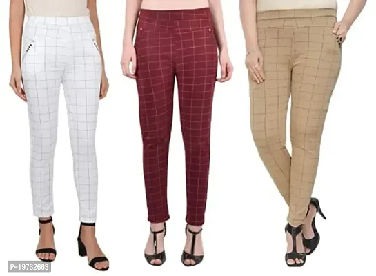 THE ELEGANT FASHION Women's Regular Fit Checks Stretchable Trouser Pants Girls Ankle Length Stylish Lycra Checked Printed Jeggings/Pant Regular Fit Track Pants, Free Size (White_Skin_Maroon)