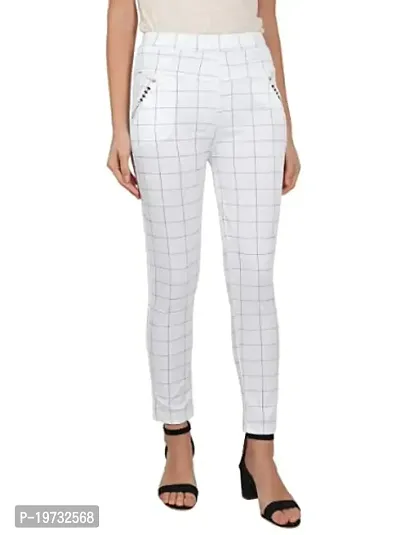 THE ELEGANT FASHION Women's Regular Fit Checks Stretchable Trouser Pants Girls Ankle Length Stylish Lycra Checked Printed Jeggings/Pant Regular Fit Track Pants, Free Size (White_Maroon_Grey)-thumb2