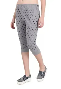 THE ELEGANT FASHION Women's Calf Length Printed Capri Cropped Leggings Cotton Lycra Fabric Slim Fit 3/4th | Pants (Free Size, Grey)-thumb2