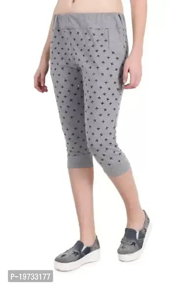 THE ELEGANT FASHION Women's Calf Length Printed Capri Cropped Leggings Cotton Lycra Fabric Slim Fit 3/4th | Pants (Free Size, Grey)-thumb3