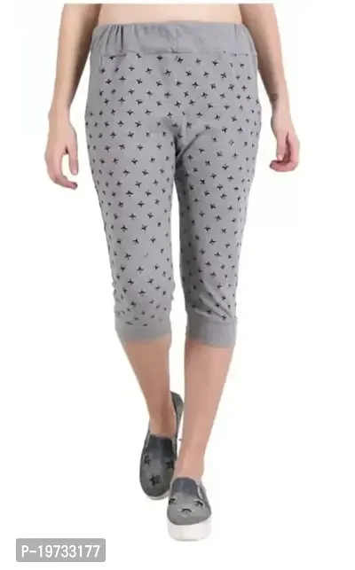 THE ELEGANT FASHION Women's Calf Length Printed Capri Cropped Leggings Cotton Lycra Fabric Slim Fit 3/4th | Pants (Free Size, Grey)
