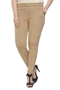 THE ELEGANT FASHION Women's Regular Fit Checks Stretchable Trouser Pants Girls Ankle Length Stylish Lycra Checked Printed Jeggings/Pant Regular Fit Track Pants, Free Size (White_Skin_Maroon)-thumb3
