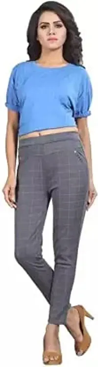 THE ELEGANT FASHION Women's Regular Fit Checks Stretchable Trouser Pants High Waist Ankle Length Stylish Lycra Checked Printed Jeggings/Pant Regular Fit Trackpants (Free Size) (Grey)-thumb2