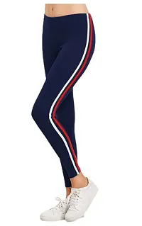 THE ELEGANT FASHION Girls Ankle Length Leggings Free Size Workout Pant Stretchable Striped Jeggings Women's Poly Spandex Regular Fit Solid Pant for Yoga/Gym/Dance Leggings (Grey-Navy Blue)-thumb2