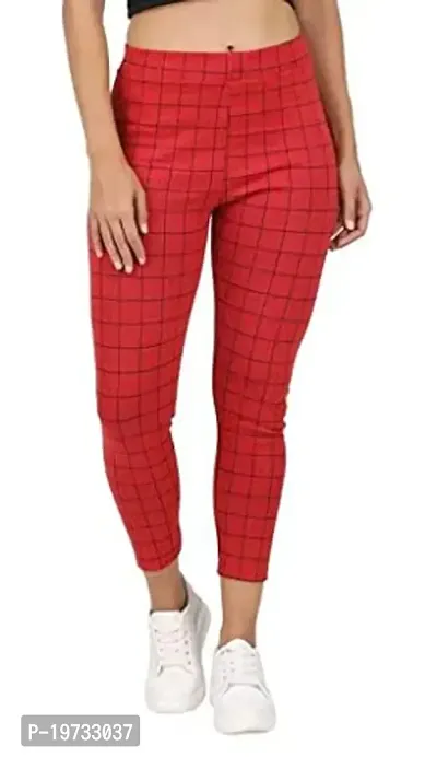 THE ELEGANT FASHION Women's Regular Fit Checks Stretchable Trouser Pants Ankle Length Stylish Lycra Checked Printed Jeggings/Pant Regular Fit Trackpants Checks Pattern for Women and Girls (Red)