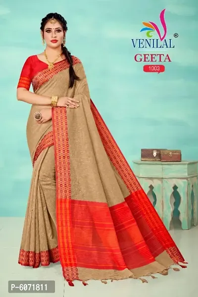 Stylish Linen Tassel Work Saree With Blouse Piece