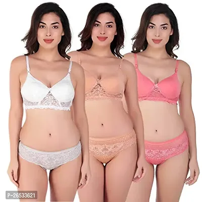 Stylish White Solid Bra And Panty Set For Women, Pack Of 3