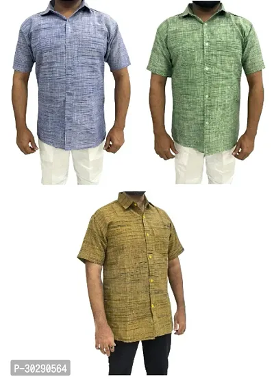 Reliable Multicoloured Khadi Cotton Solid Short Sleeves Casual Shirt For Men Pack Of 3-thumb0