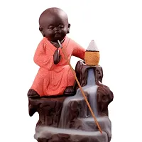 Kunti Craft Karate Style Monk Buddha Smoke Backflow Cone Incense Holder Decorative Showpiece with 10 Free Smoke Backflow Scented Cone Incenses (Peach)-thumb1