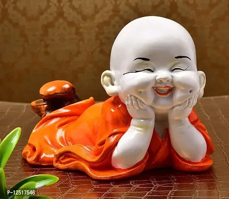 Kunti Craft Cute Child Monk Laughing Baby Buddha Statue Showpiece Figurine Idol Murti for Home Office Decor (Orange)-thumb2