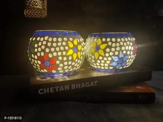 Kunti Craft Handworked Tealight Candle Holders for Home Decoration, Mosaic Glass | Diwali Lighting for Home Decoration, Diwali Decoration Items, Diwali Gifts Item | Pack of 2