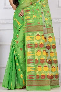 Mayamani Textile Bengal Tant Woven Resham Dhakai Jamdani Pure Cotton Handloom Saree Whole body Design without Blouse Piece (Green with Red Yellow Design)-thumb4