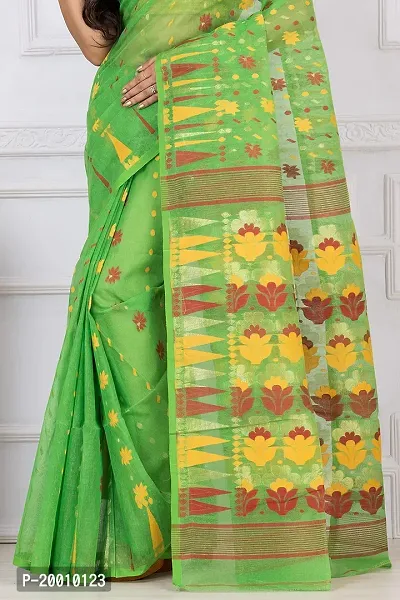 Mayamani Textile Bengal Tant Woven Resham Dhakai Jamdani Pure Cotton Handloom Saree Whole body Design without Blouse Piece (Green with Red Yellow Design)-thumb5