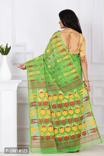 Mayamani Textile Bengal Tant Woven Resham Dhakai Jamdani Pure Cotton Handloom Saree Whole body Design without Blouse Piece (Green with Red Yellow Design)-thumb4