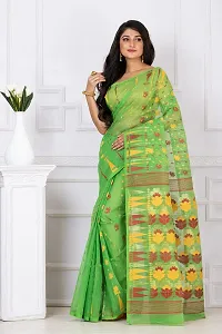 Mayamani Textile Bengal Tant Woven Resham Dhakai Jamdani Pure Cotton Handloom Saree Whole body Design without Blouse Piece (Green with Red Yellow Design)-thumb1