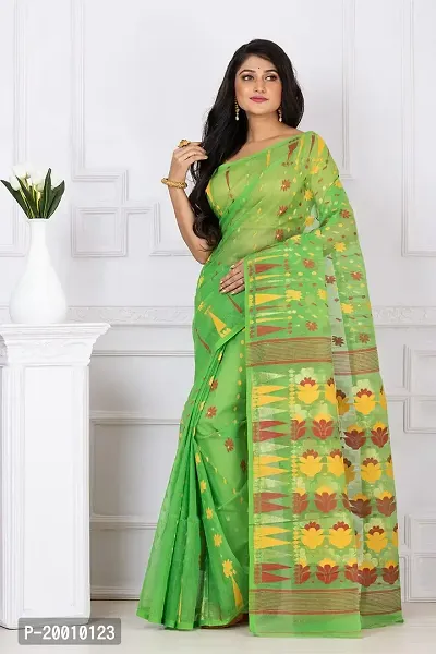 Mayamani Textile Bengal Tant Woven Resham Dhakai Jamdani Pure Cotton Handloom Saree Whole body Design without Blouse Piece (Green with Red Yellow Design)-thumb2