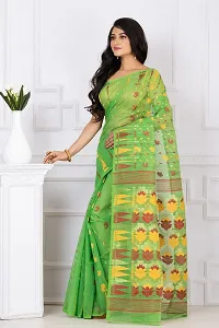 Mayamani Textile Bengal Tant Woven Resham Dhakai Jamdani Pure Cotton Handloom Saree Whole body Design without Blouse Piece (Green with Red Yellow Design)-thumb2