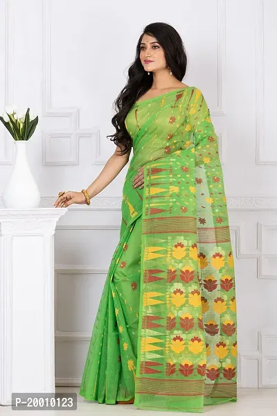 Mayamani Textile Bengal Tant Woven Resham Dhakai Jamdani Pure Cotton Handloom Saree Whole body Design without Blouse Piece (Green with Red Yellow Design)-thumb3