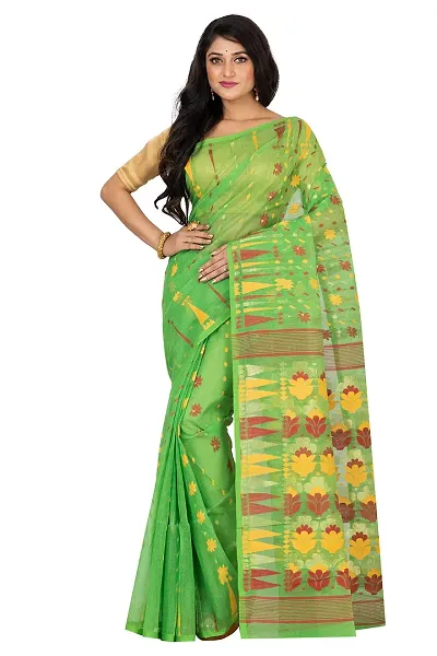 Mayamani Textile Bengal Tant Woven Resham Dhakai Jamdani Pure Handloom Saree Whole body Design without Blouse Piece (Green with Design)