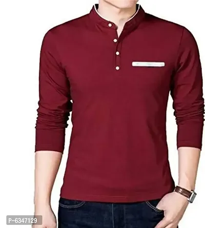 Stylish Cotton Maroon Solid Long Sleeves Henley Neck T-shirt For Men