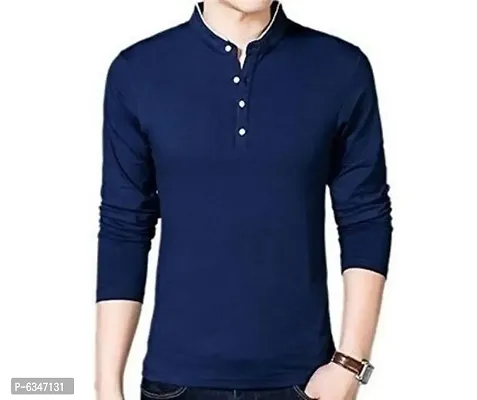 Stylish Cotton Navy Blue Solid Long Sleeves Henley Neck T-shirt For Men