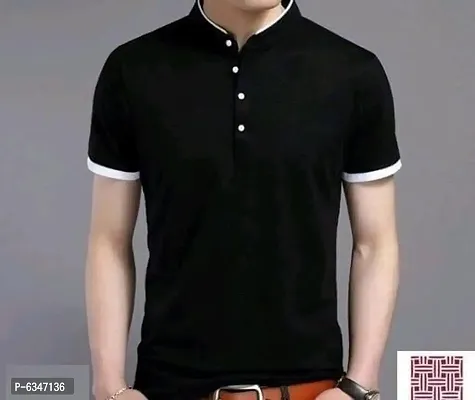 Stylish Cotton Black Solid Half Sleeves Henley Neck T-shirt For Men-thumb0