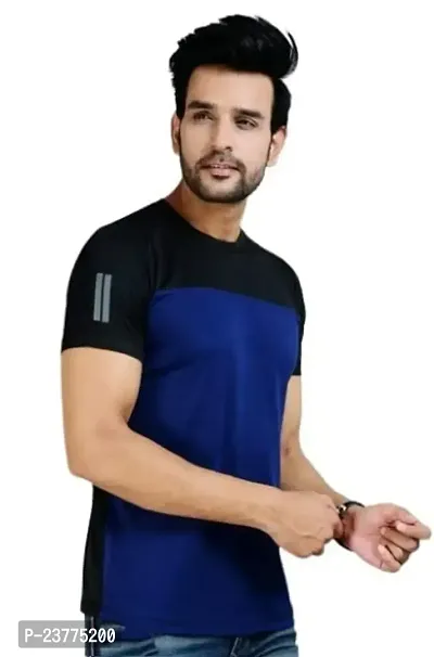 Reliable Blue Polyester Colourblocked Round Neck Tees For Men