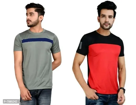 Reliable Grey Polyester Colourblocked Round Neck Tees For Men