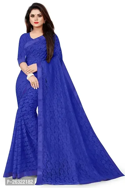 VANRAJ CREATION Women's Net Saree With Unstiched Blouse Piece (ROYAL BLUE)-thumb0