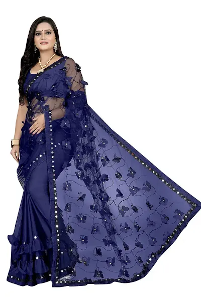 VANRAJ CREATION Women's Self Design Bollywood Lycra Blend, Net Saree 001 (Royal Blue)