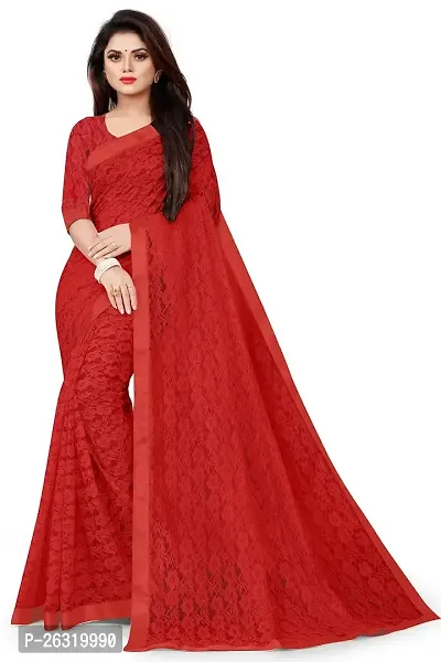 VANRAJ CREATION Women's Net Saree With Unstiched Blouse Piece (RED)